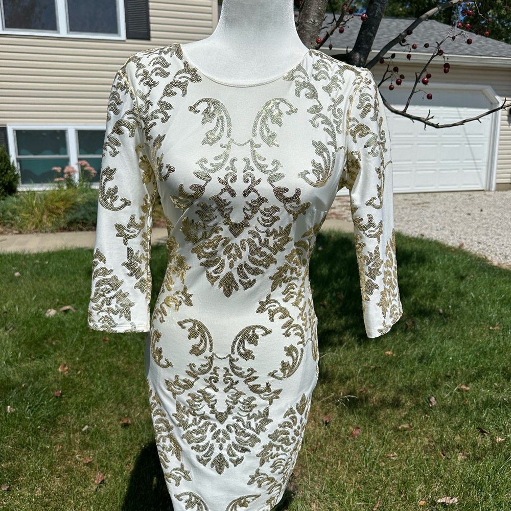 B Darlin Gold Patterned Long Sleeve Dress
